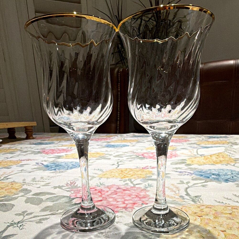 Vintage Crystal Clear Industries "Regent Gold" Swirl Optic Wine Glasses